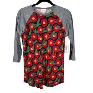 LuLaRoe RANDY Daisy Poppy Flowers Black Gray Hippie Raglan Tee Shirt SMALL S